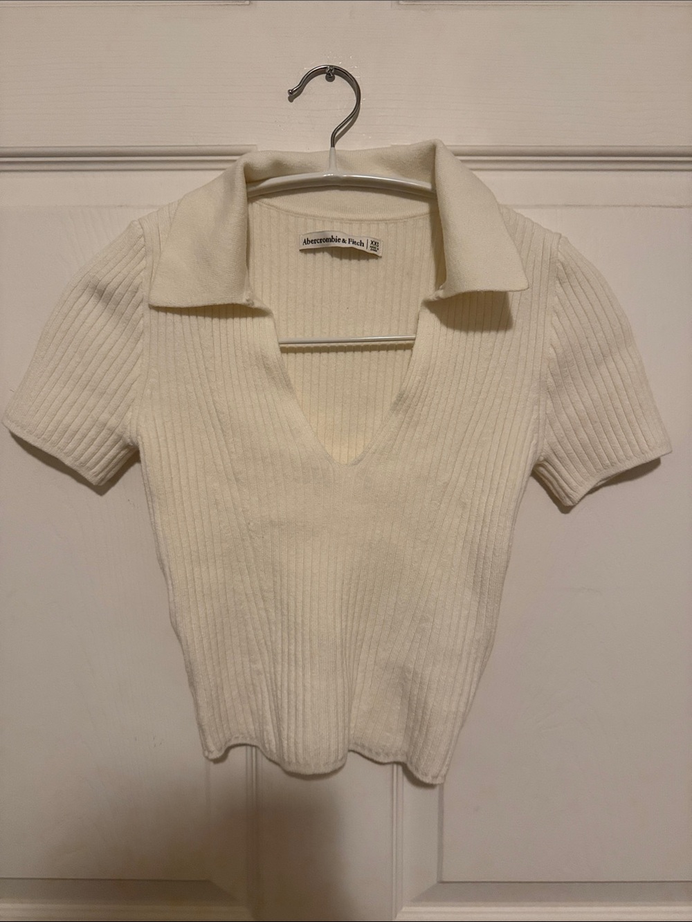 Abercrombie & Fitch Cream Ribbed Polo V-Neck Top